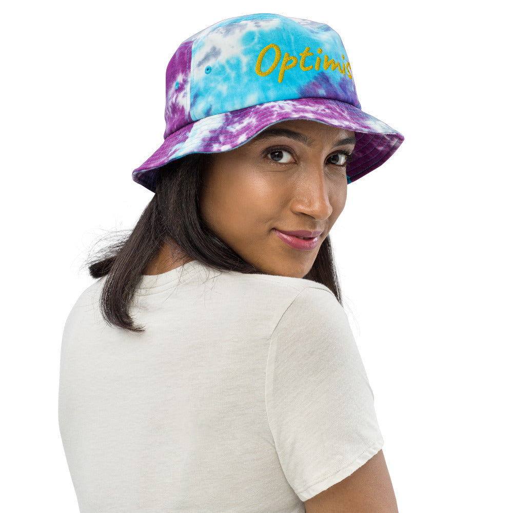 Optimist In Gold Embroidery on Tie-Dye Bucket Hat