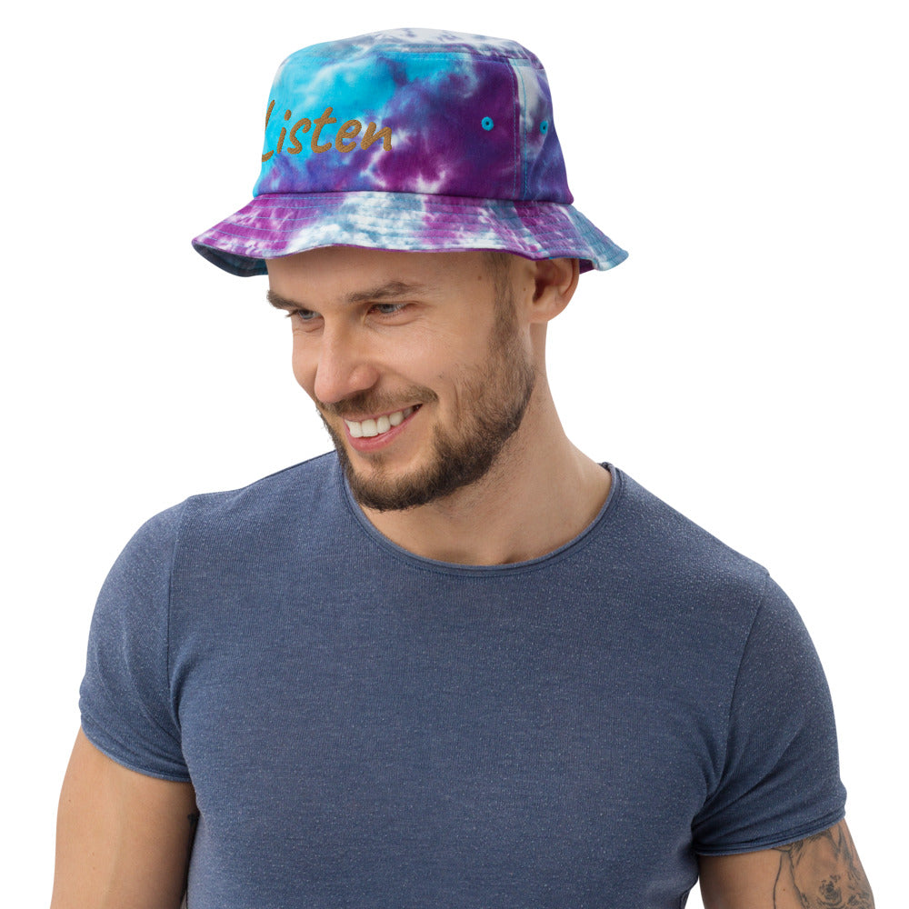 Listen In Copper Embroidery on Tie-Dye Bucket Hat