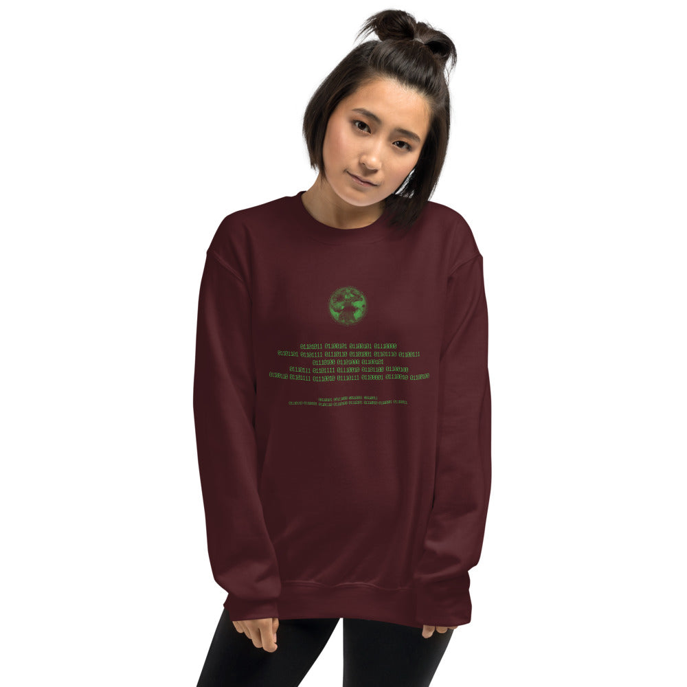 Binary Instructions To Keep Moving The World Forward With Vitruvian Earth In Green on Unisex Crew Neck Sweatshirt