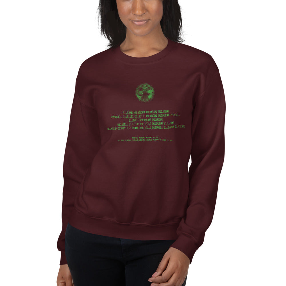 Binary Instructions To Keep Moving The World Forward With Vitruvian Earth In Green on Unisex Crew Neck Sweatshirt