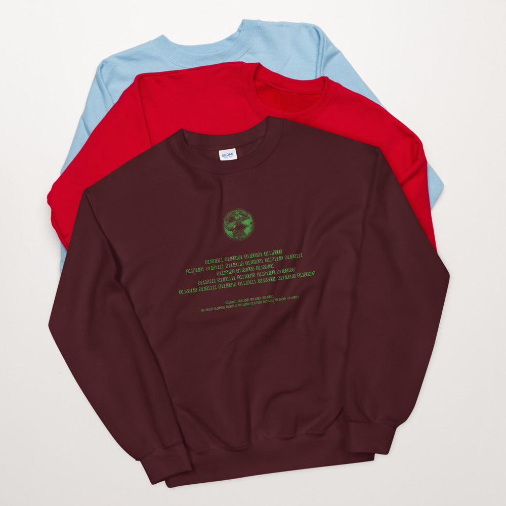 Binary Instructions To Keep Moving The World Forward With Vitruvian Earth In Green on Unisex Crew Neck Sweatshirt