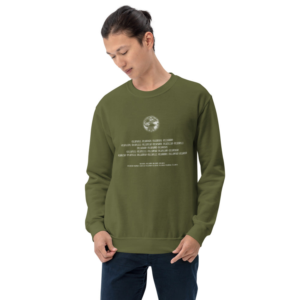 Binary Instructions To Keep Moving The World Forward With Vitruvian Earth In White on Unisex Crew Neck Sweatshirt