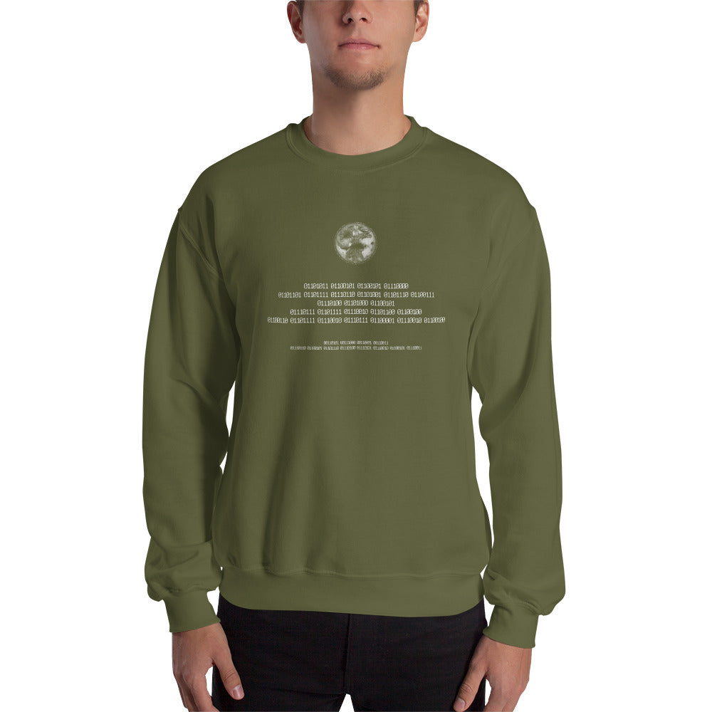 Binary Instructions To Keep Moving The World Forward With Vitruvian Earth In White on Unisex Crew Neck Sweatshirt