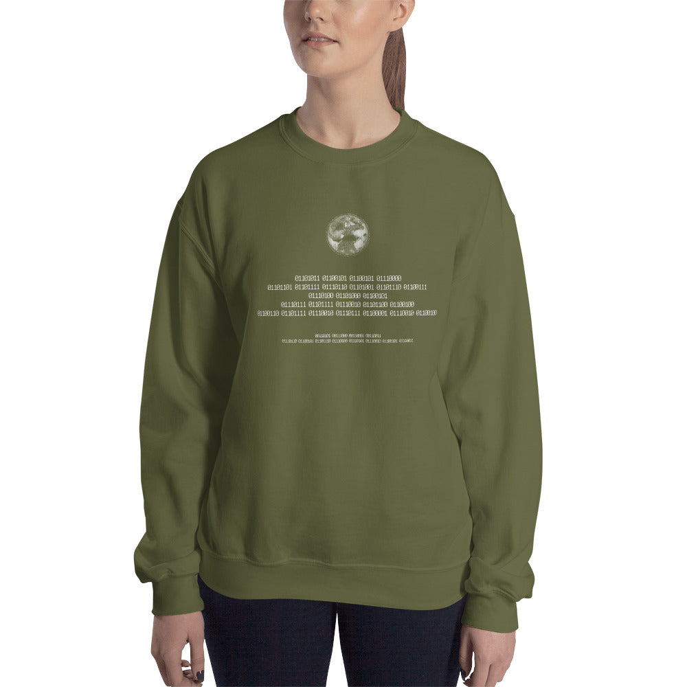 Binary Instructions To Keep Moving The World Forward With Vitruvian Earth In White on Unisex Crew Neck Sweatshirt