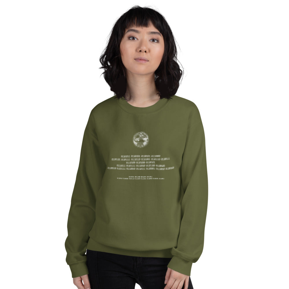 Binary Instructions To Keep Moving The World Forward With Vitruvian Earth In White on Unisex Crew Neck Sweatshirt