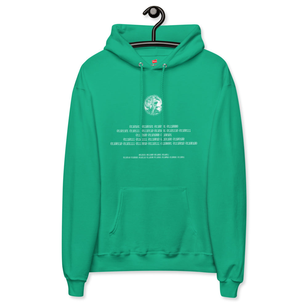 Binary Instructions To Keep Moving The World Forward With Venusian Earth In White on Unisex Fleece Hoodie