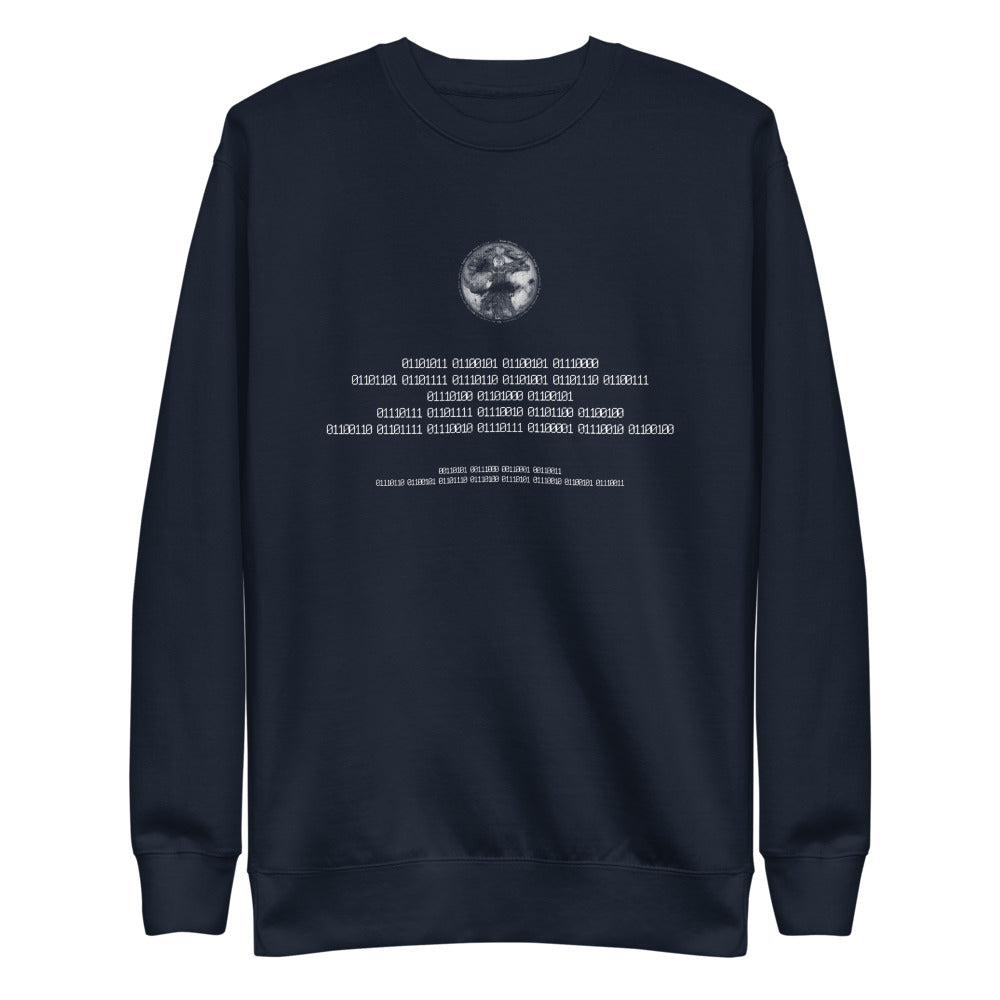 Binary Instructions To Keep Moving The World Forward With Vitruvian Earth In White on Unisex Fleece Pullover