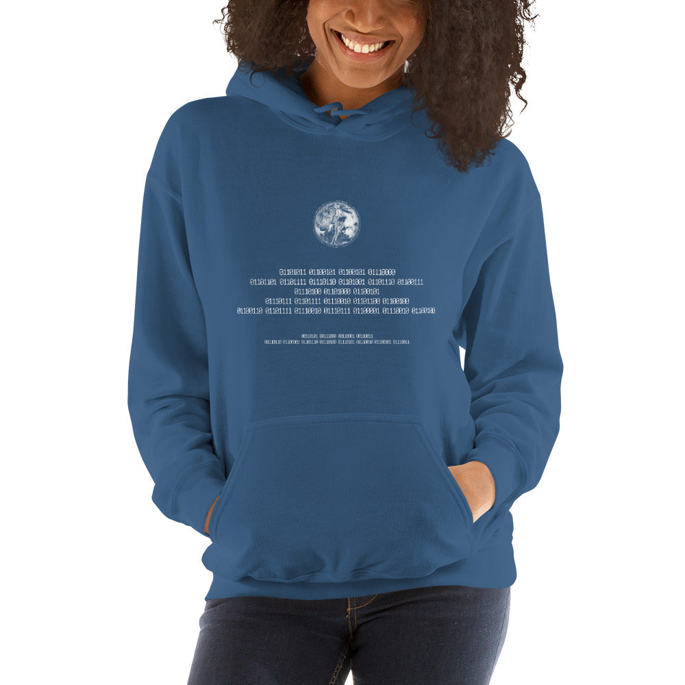 Binary Instructions To Keep Moving The World Forward With Venusian Earth In White on Unisex Heavy Blend Hoodie