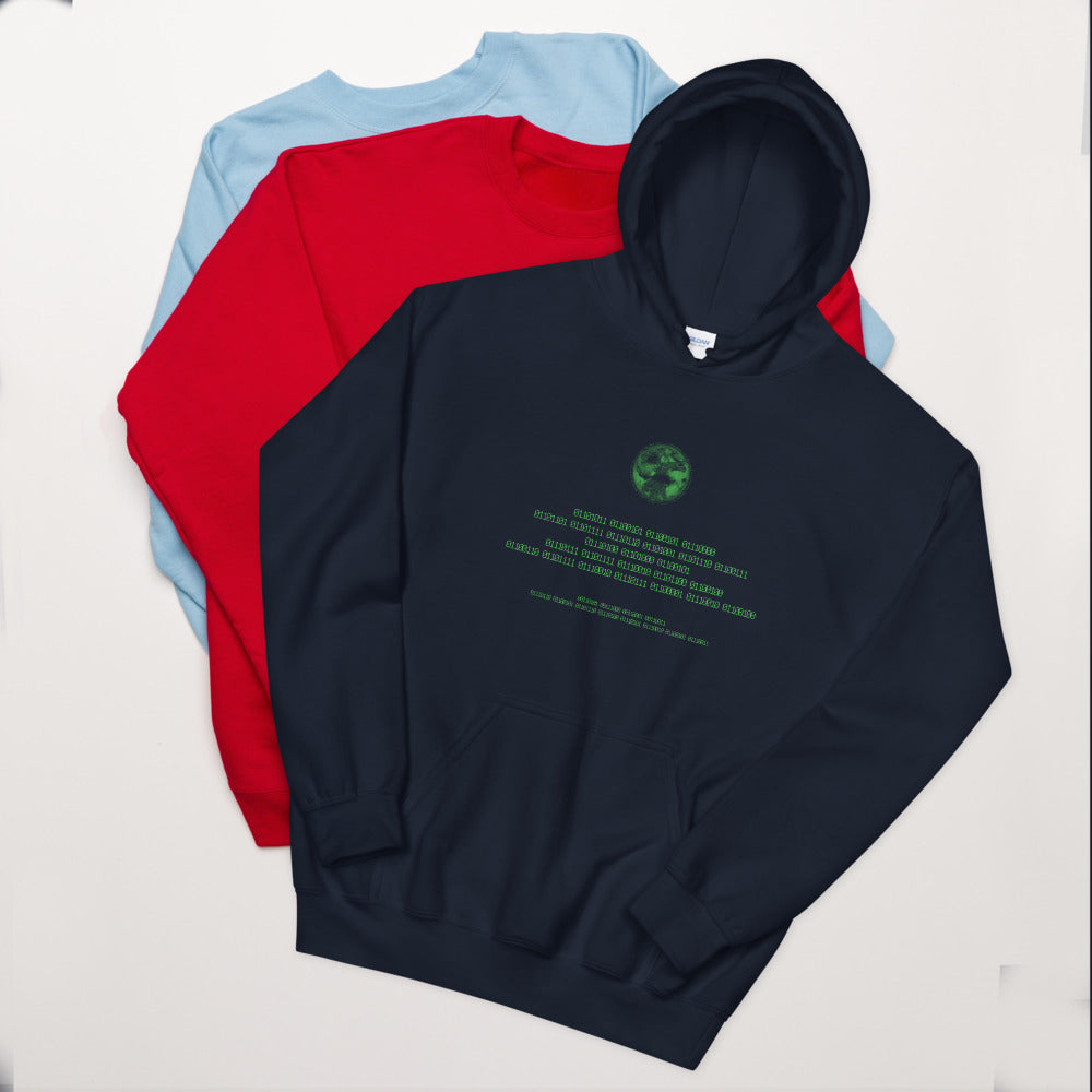 Binary Instructions To Keep Moving The World Forward With Vitruvian Earth In Green on Unisex Heavy Blend Hoodie