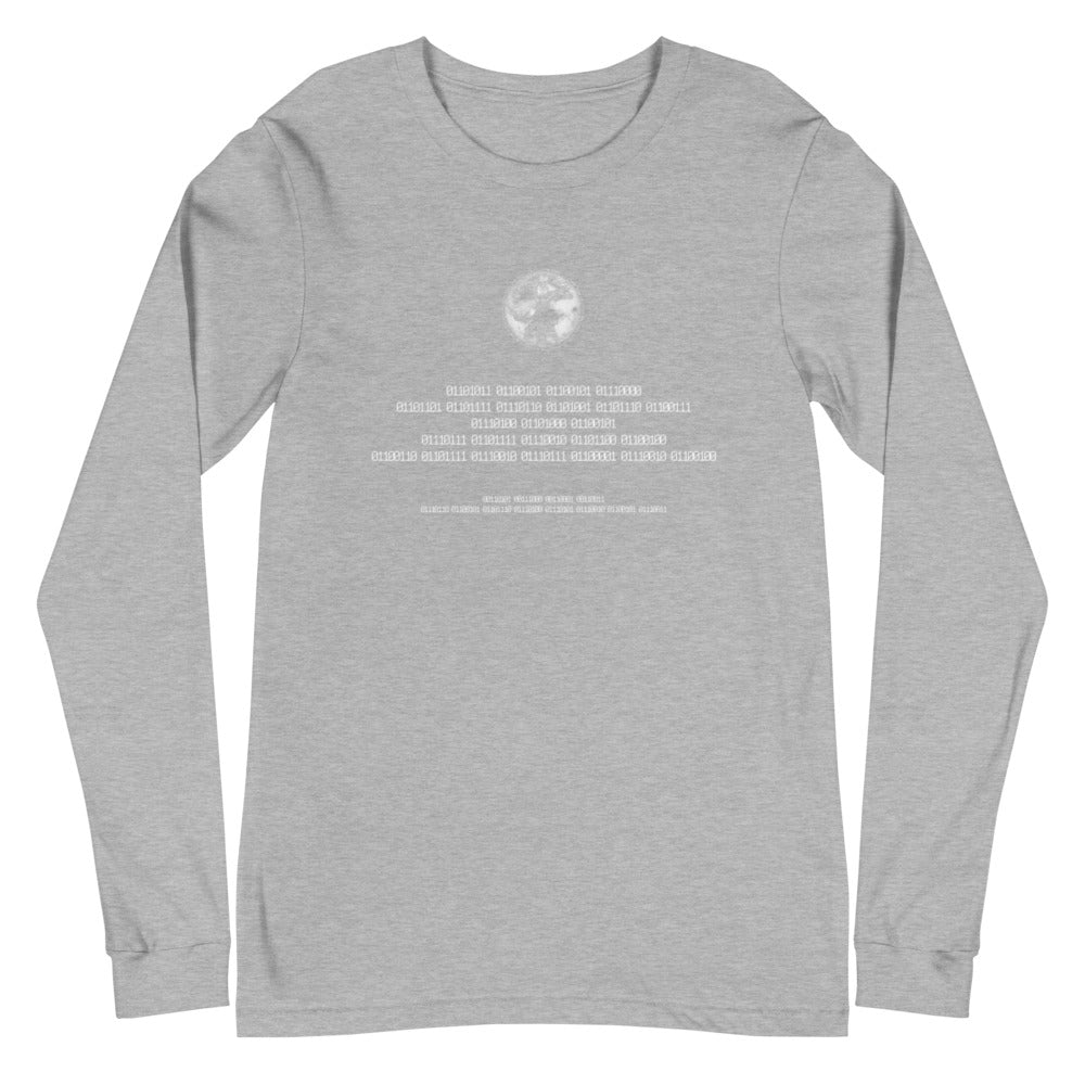 Binary Instructions To Keep Moving The World Forward With Vitruvian Earth In White on Unisex Long Sleeve T-Shirt