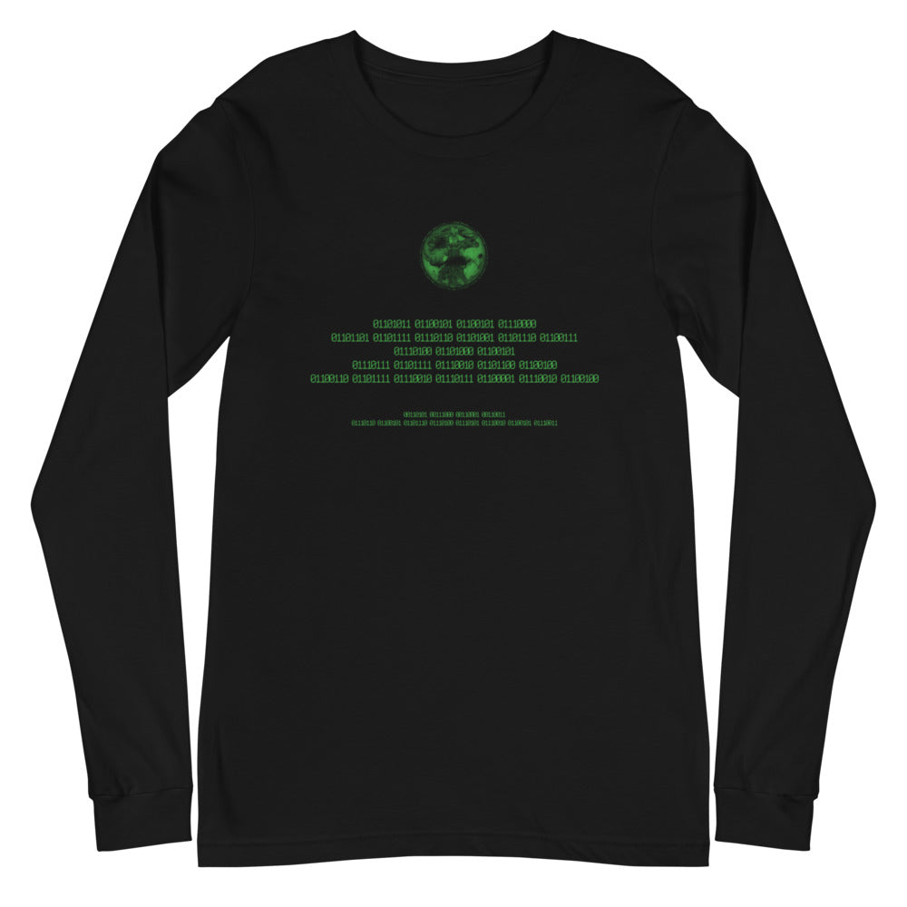 Binary Instructions To Keep Moving The World Forward With Vitruvian Earth In Green on Unisex Long Sleeve T-Shirt