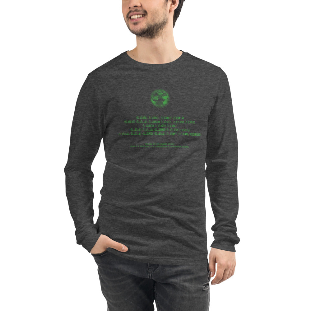 Binary Instructions To Keep Moving The World Forward With Vitruvian Earth In Green on Unisex Long Sleeve T-Shirt