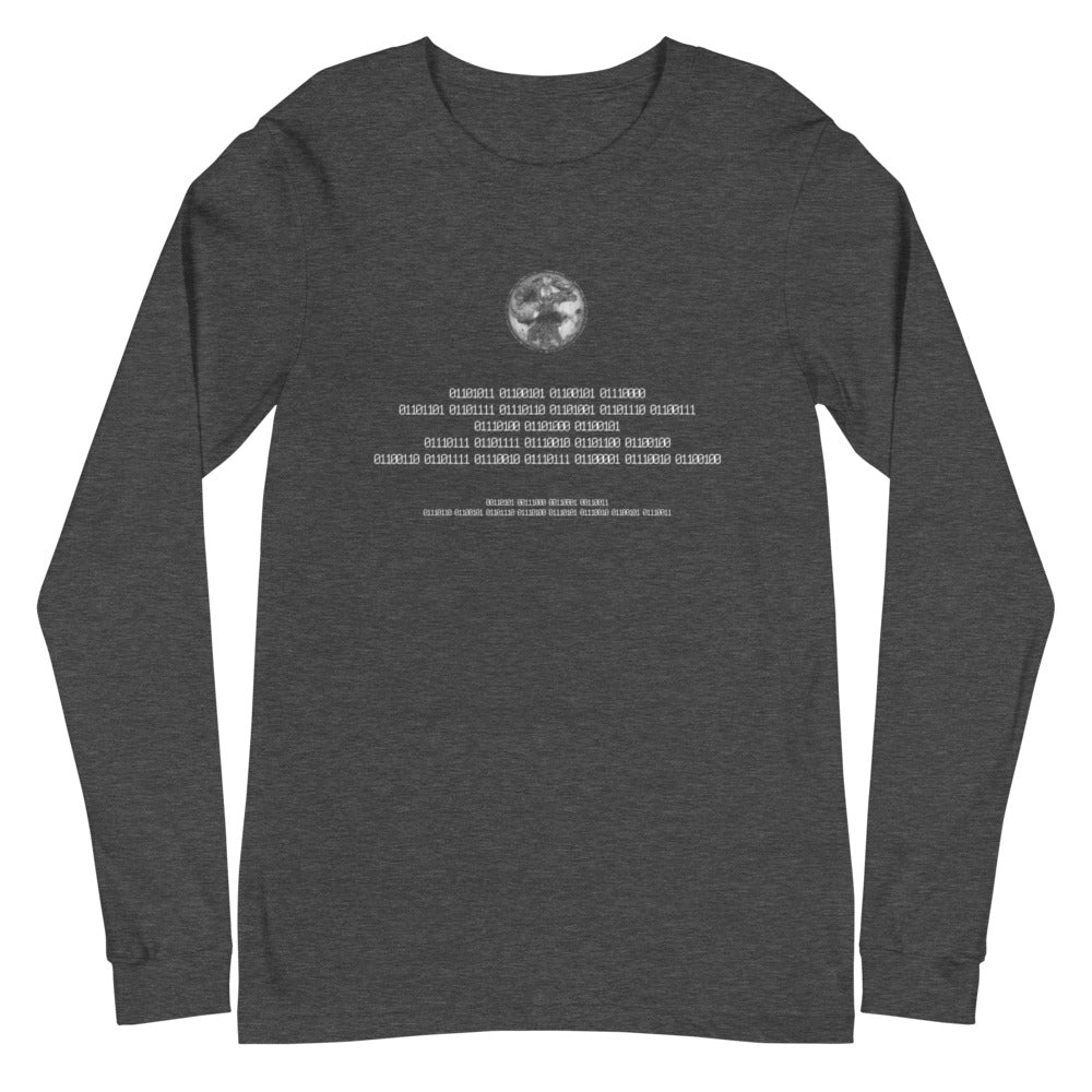 Binary Instructions To Keep Moving The World Forward With Vitruvian Earth In White on Unisex Long Sleeve T-Shirt