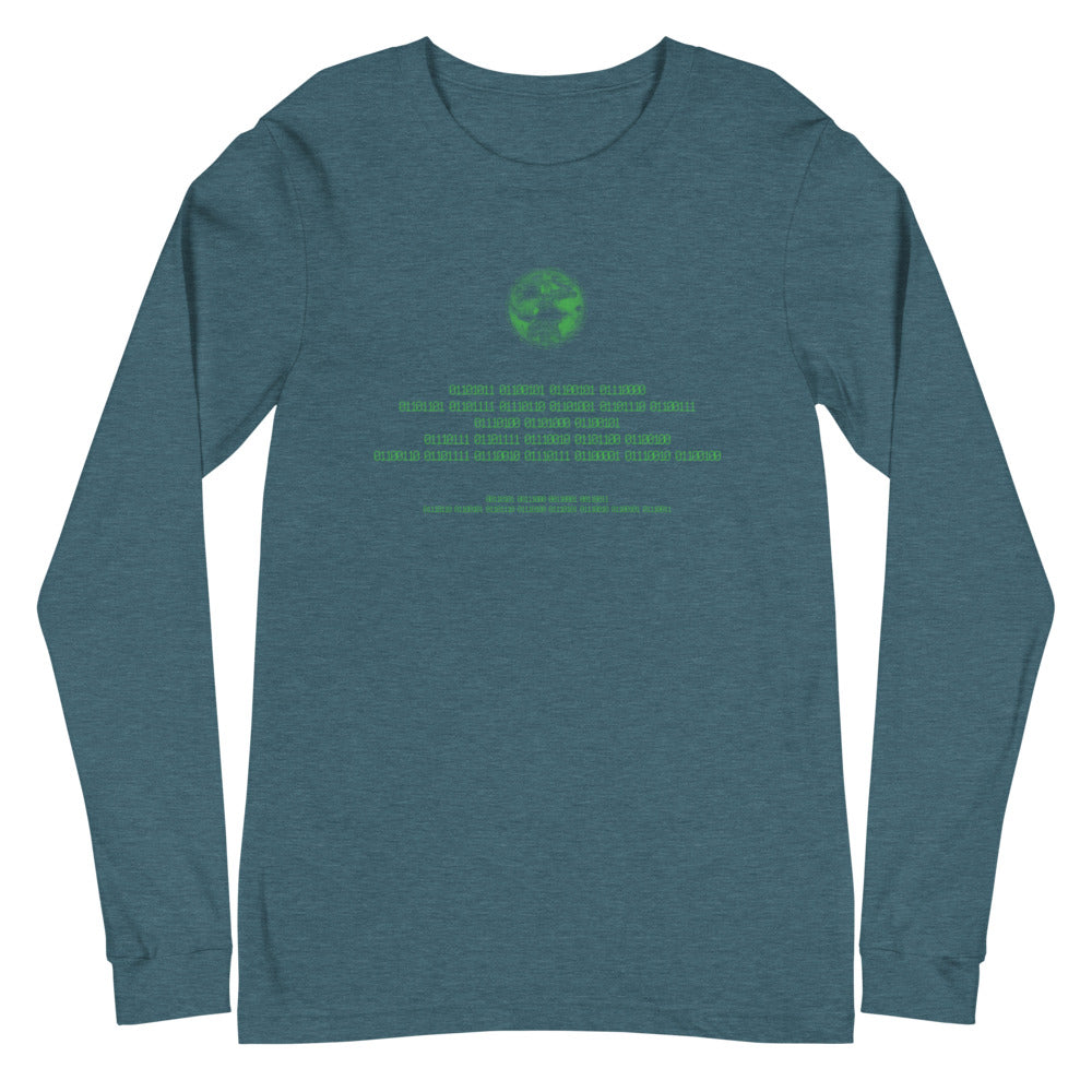 Binary Instructions To Keep Moving The World Forward With Vitruvian Earth In Green on Unisex Long Sleeve T-Shirt