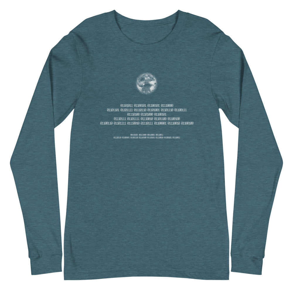 Binary Instructions To Keep Moving The World Forward With Vitruvian Earth In White on Unisex Long Sleeve T-Shirt