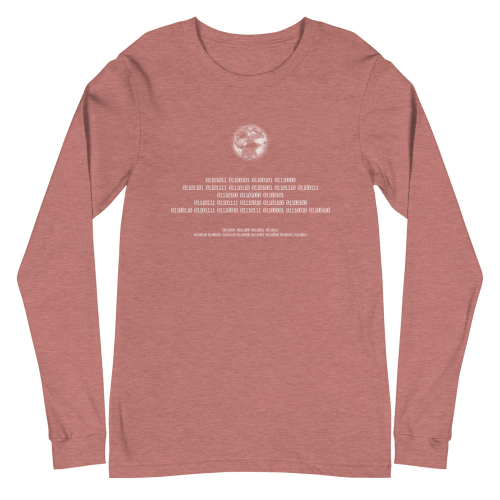 Binary Instructions To Keep Moving The World Forward With Vitruvian Earth In White on Unisex Long Sleeve T-Shirt