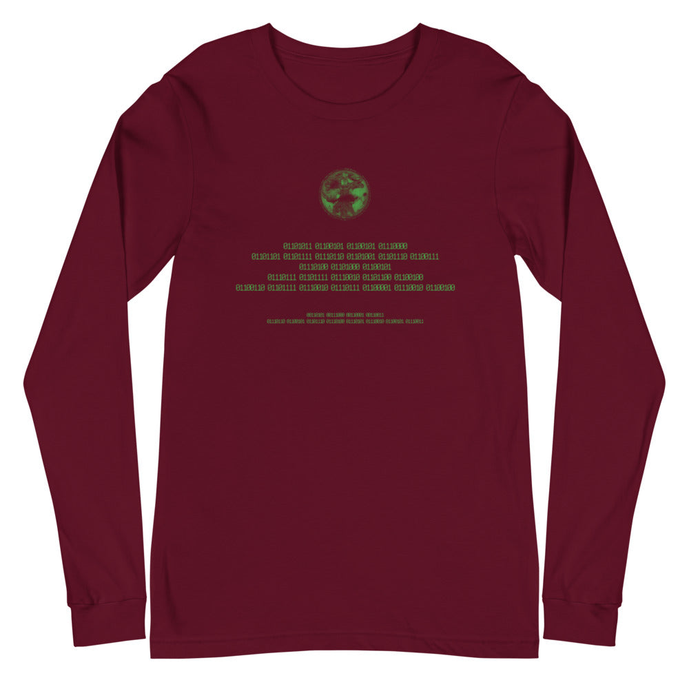 Binary Instructions To Keep Moving The World Forward With Vitruvian Earth In Green on Unisex Long Sleeve T-Shirt