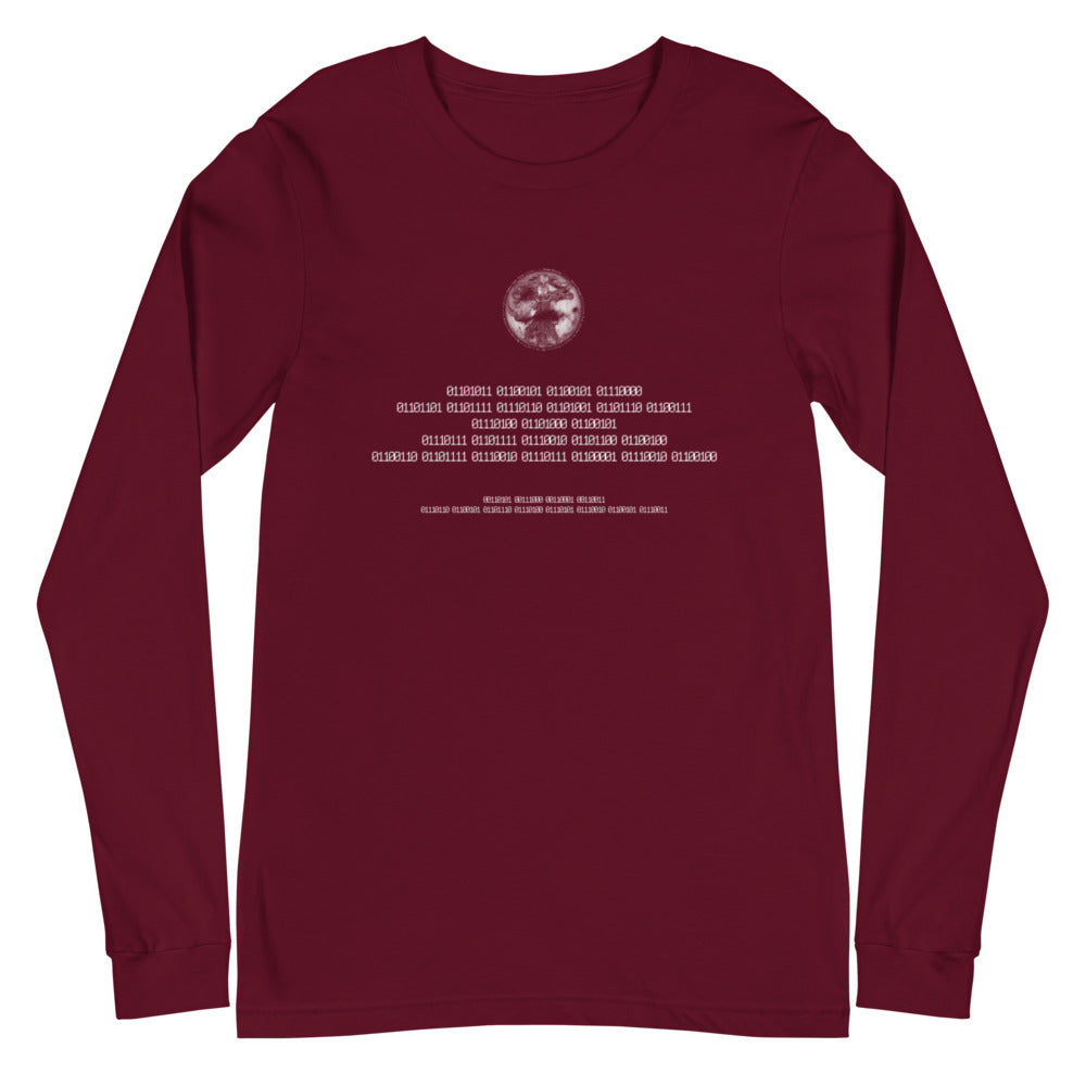 Binary Instructions To Keep Moving The World Forward With Vitruvian Earth In White on Unisex Long Sleeve T-Shirt