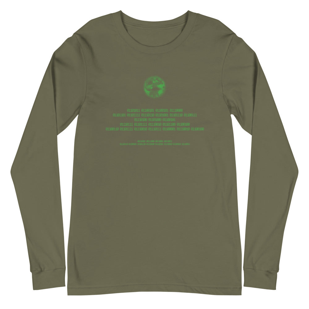 Binary Instructions To Keep Moving The World Forward With Vitruvian Earth In Green on Unisex Long Sleeve T-Shirt