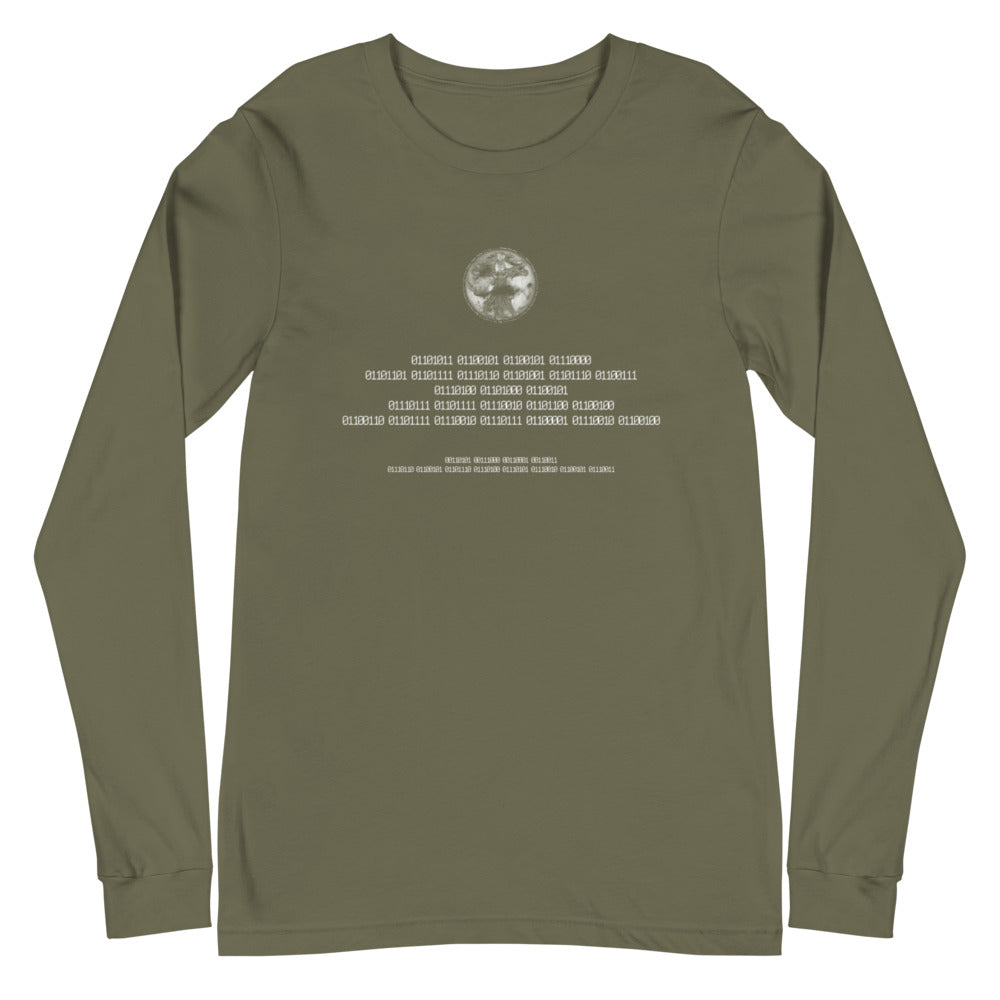 Binary Instructions To Keep Moving The World Forward With Vitruvian Earth In White on Unisex Long Sleeve T-Shirt