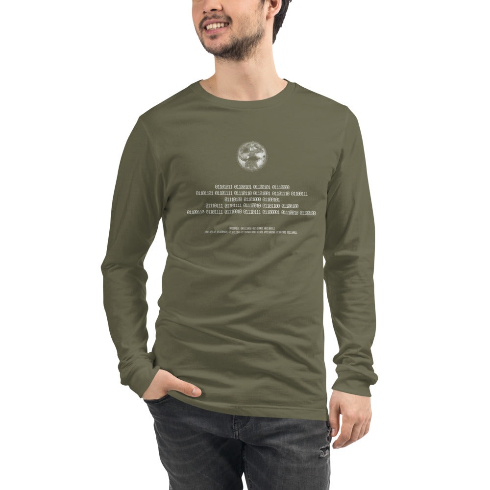 Binary Instructions To Keep Moving The World Forward With Vitruvian Earth In White on Unisex Long Sleeve T-Shirt