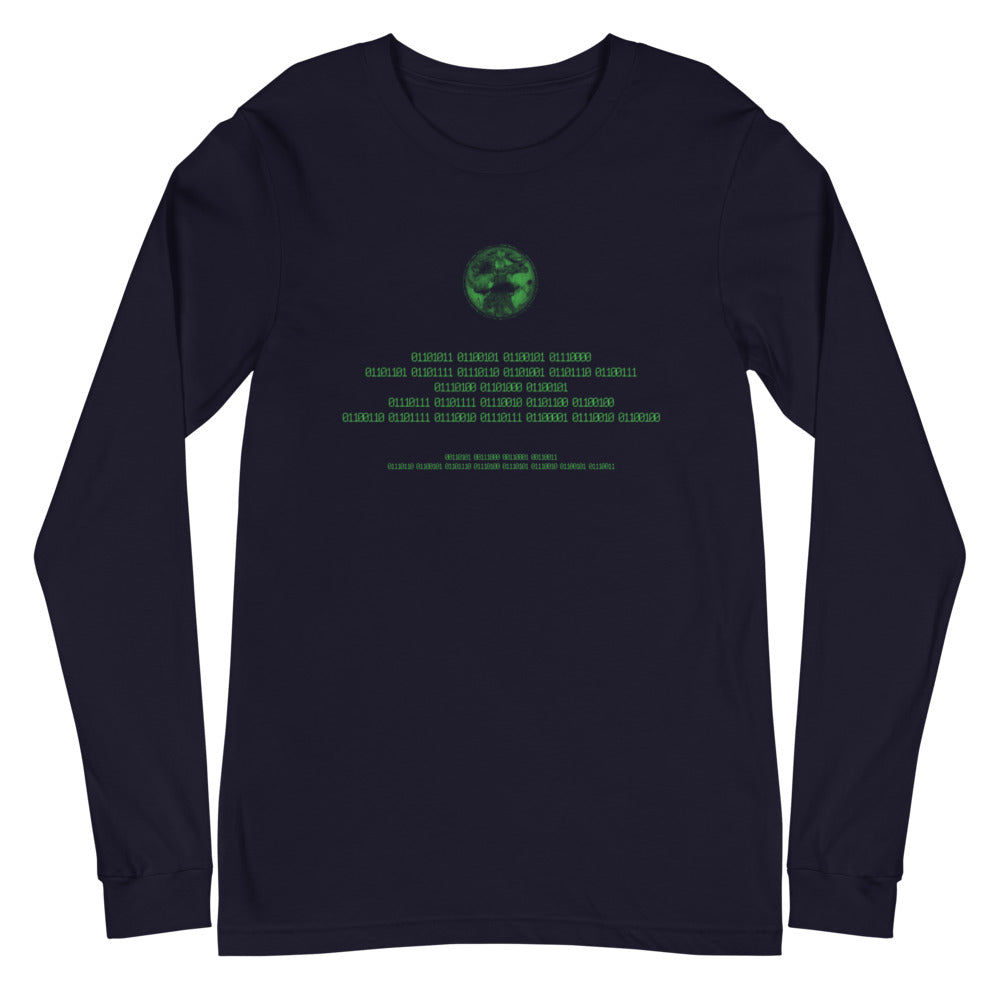 Binary Instructions To Keep Moving The World Forward With Vitruvian Earth In Green on Unisex Long Sleeve T-Shirt