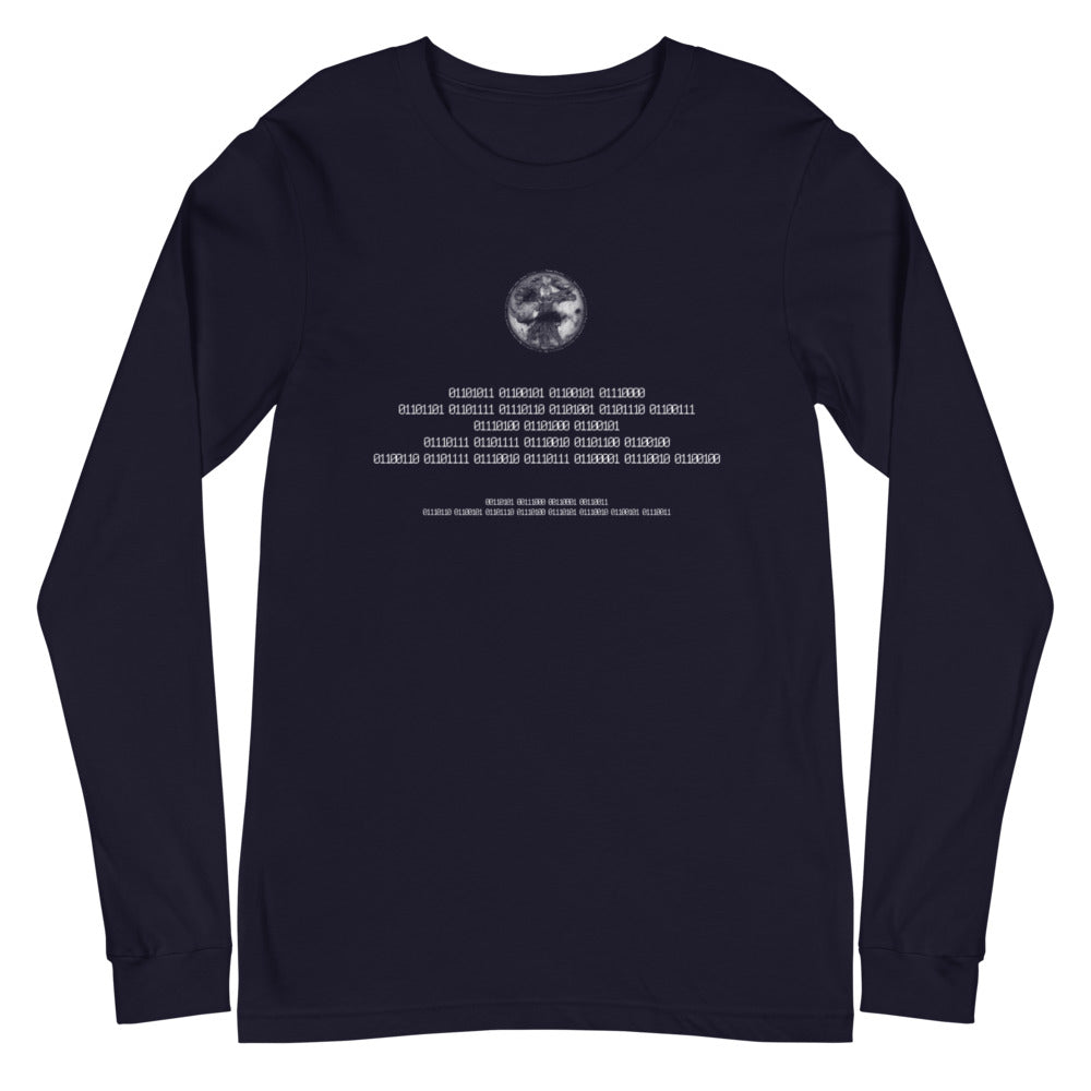 Binary Instructions To Keep Moving The World Forward With Vitruvian Earth In White on Unisex Long Sleeve T-Shirt