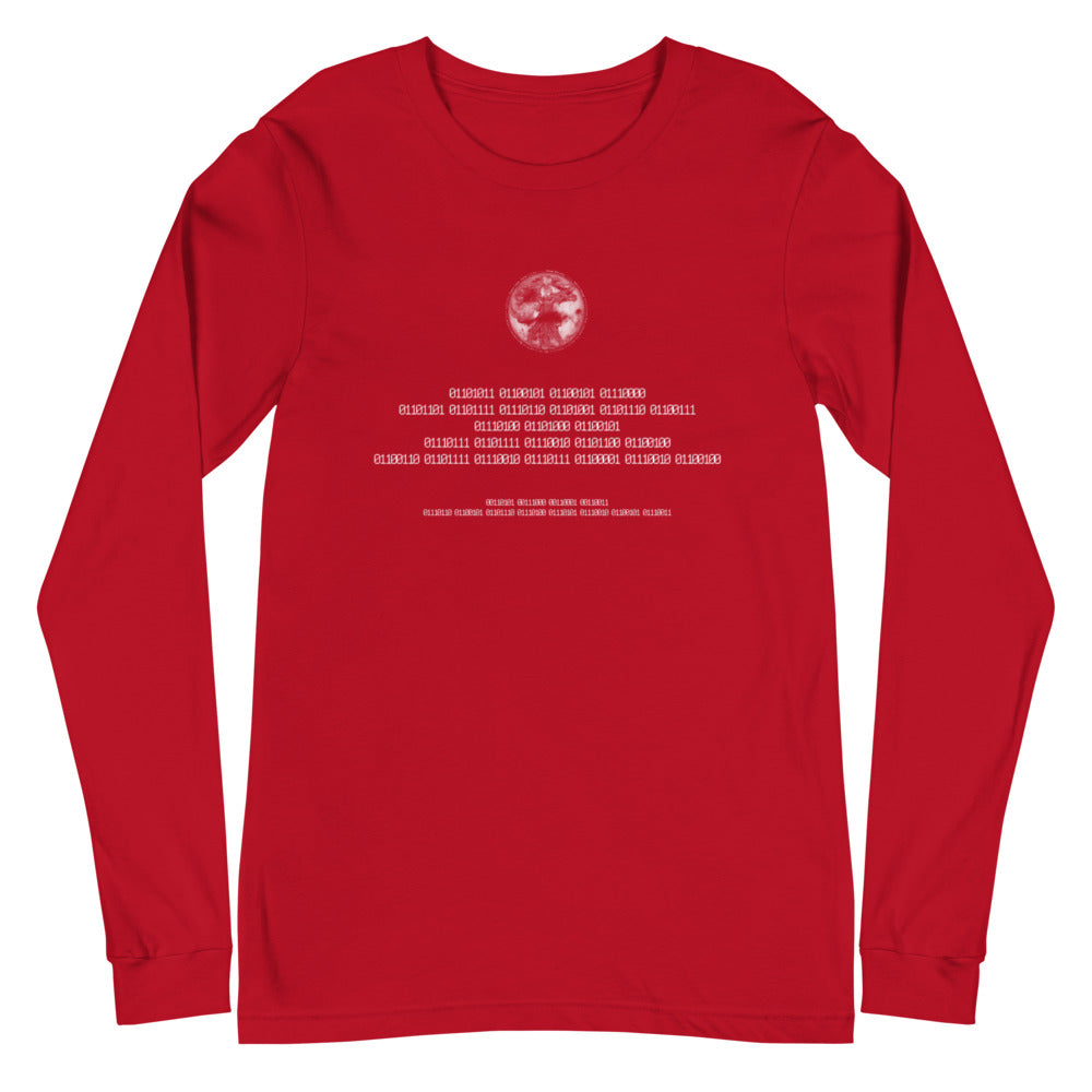 Binary Instructions To Keep Moving The World Forward With Vitruvian Earth In White on Unisex Long Sleeve T-Shirt