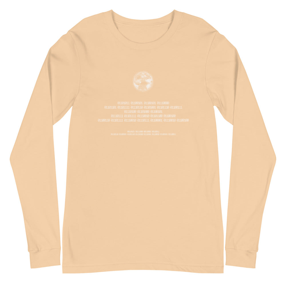 Binary Instructions To Keep Moving The World Forward With Vitruvian Earth In White on Unisex Long Sleeve T-Shirt