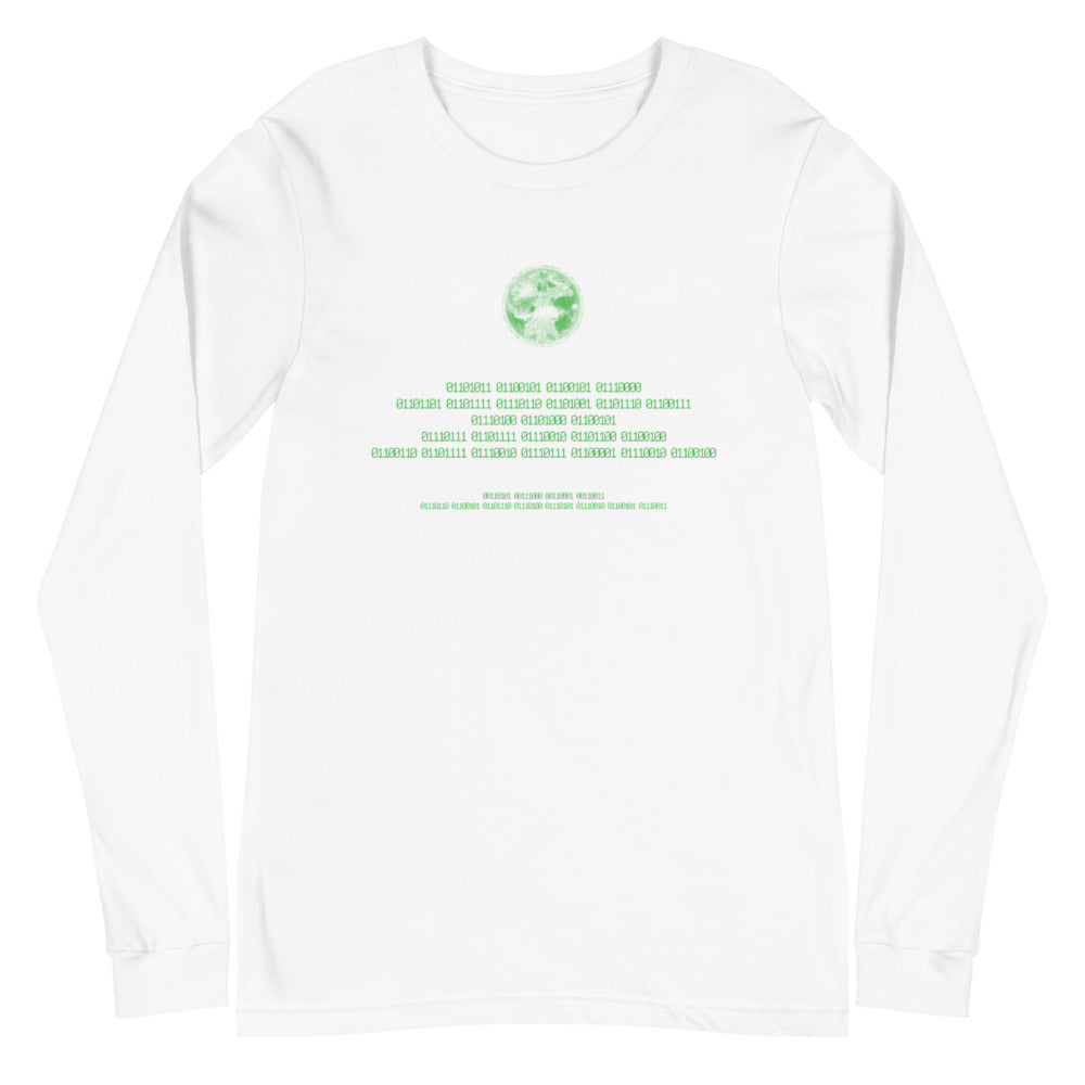 Binary Instructions To Keep Moving The World Forward With Vitruvian Earth In Green on Unisex Long Sleeve T-Shirt