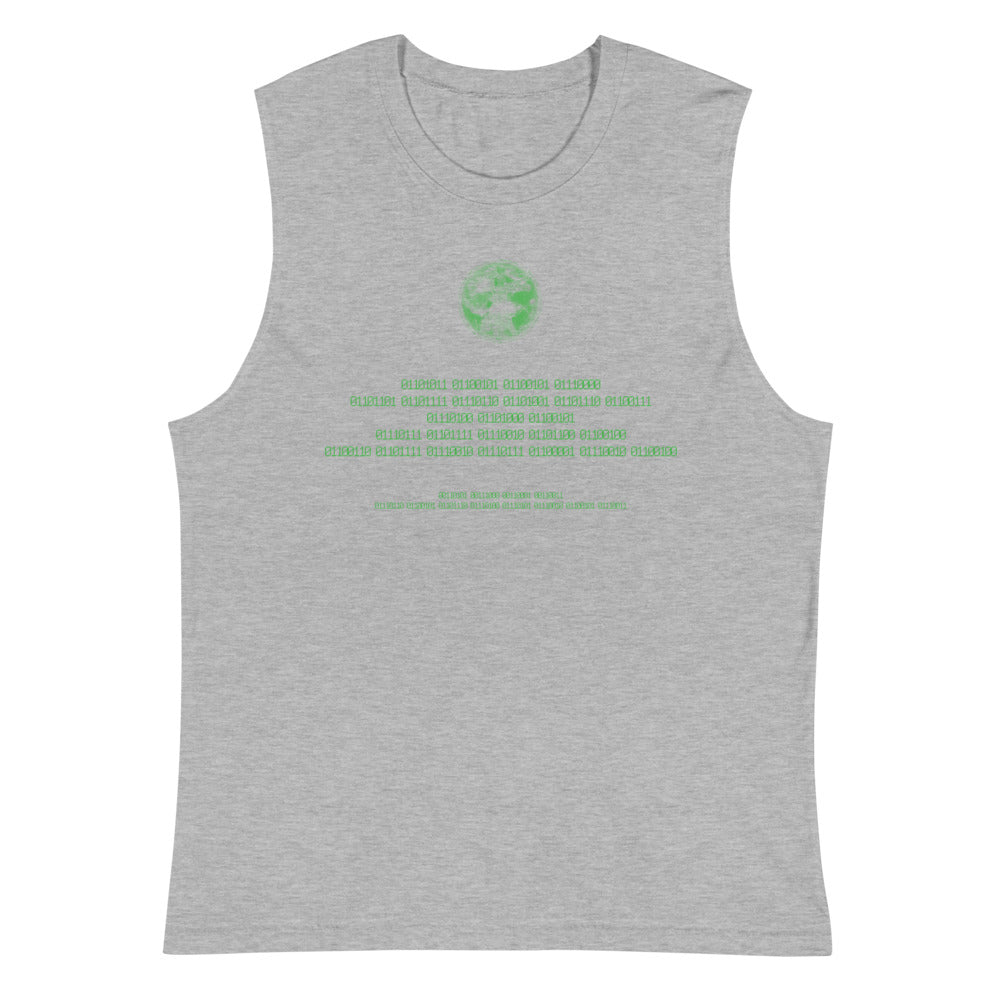 Binary Instructions To Keep Moving The World Forward With Vitruvian Earth In Green on Men's Muscle Shirt