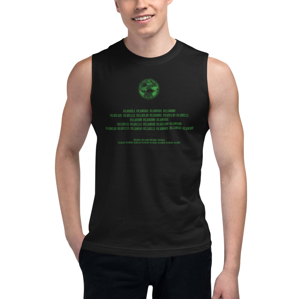 Binary Instructions To Keep Moving The World Forward With Vitruvian Earth In Green on Men's Muscle Shirt