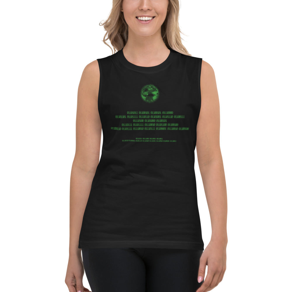 Binary Instructions To Keep Moving The World Forward With Vitruvian Earth In Green on Men's Muscle Shirt