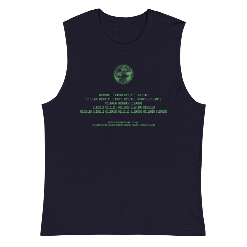 Binary Instructions To Keep Moving The World Forward With Vitruvian Earth In Green on Men's Muscle Shirt