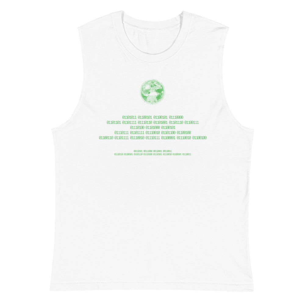 Binary Instructions To Keep Moving The World Forward With Vitruvian Earth In Green on Men's Muscle Shirt