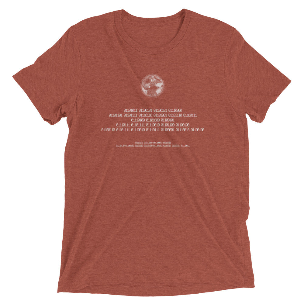 Binary Instructions To Keep Moving The World Forward With Vitruvian Earth In White on Unisex Tri-Blend Tee Shirt - XS-XL