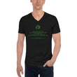 Binary Instructions To Keep Moving The World Forward With Vitruvian Earth In Green on Unisex Short Sleeve V-Neck T-Shirt