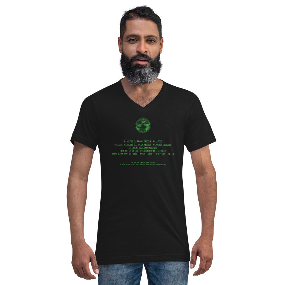 Binary Instructions To Keep Moving The World Forward With Vitruvian Earth In Green on Unisex Short Sleeve V-Neck T-Shirt