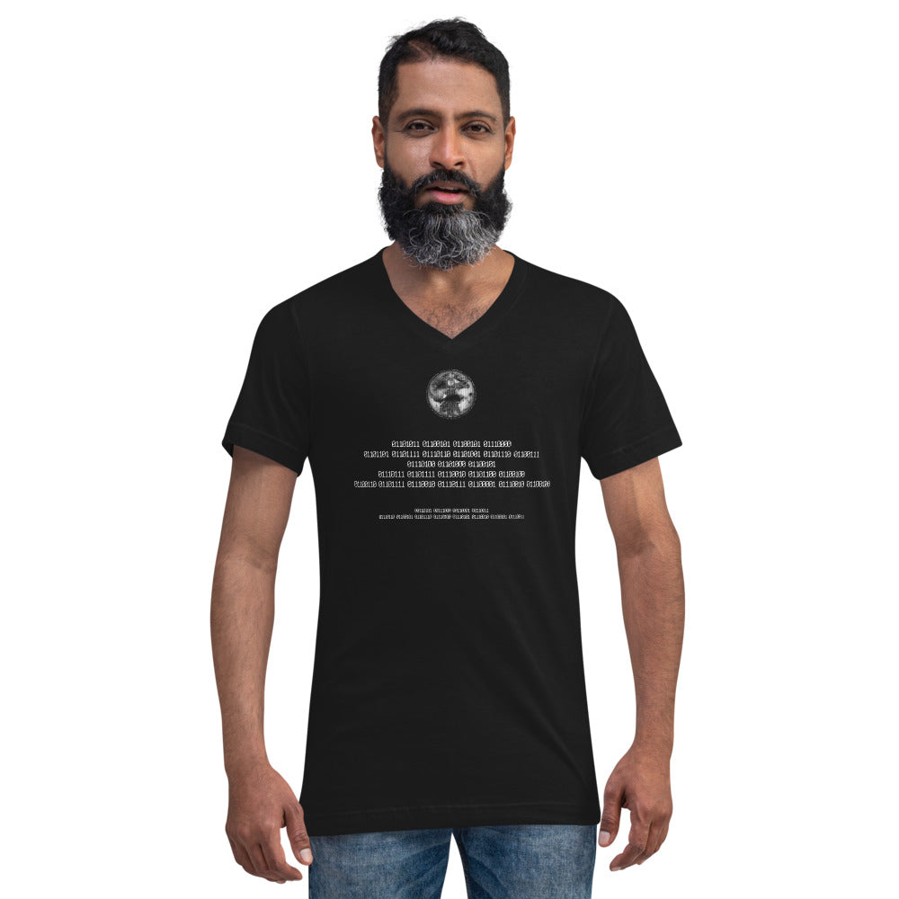 Binary Instructions To Keep Moving The World Forward With Vitruvian Earth In White on Unisex Short Sleeve V-Neck T-Shirt