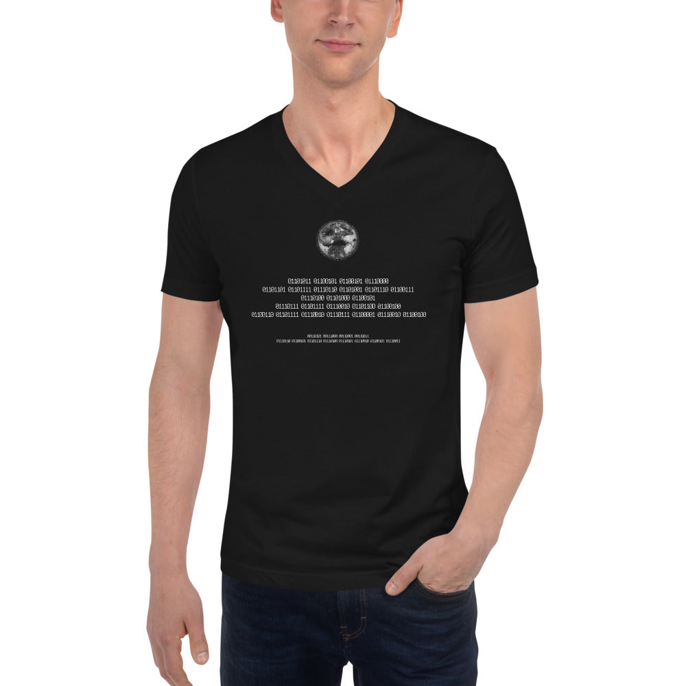 Binary Instructions To Keep Moving The World Forward With Vitruvian Earth In White on Unisex Short Sleeve V-Neck T-Shirt