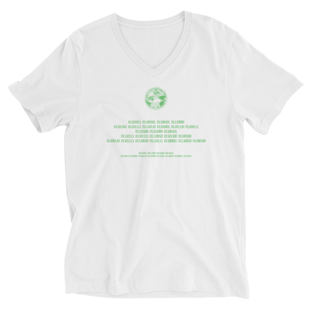 Binary Instructions To Keep Moving The World Forward With Vitruvian Earth In Green on Unisex Short Sleeve V-Neck T-Shirt