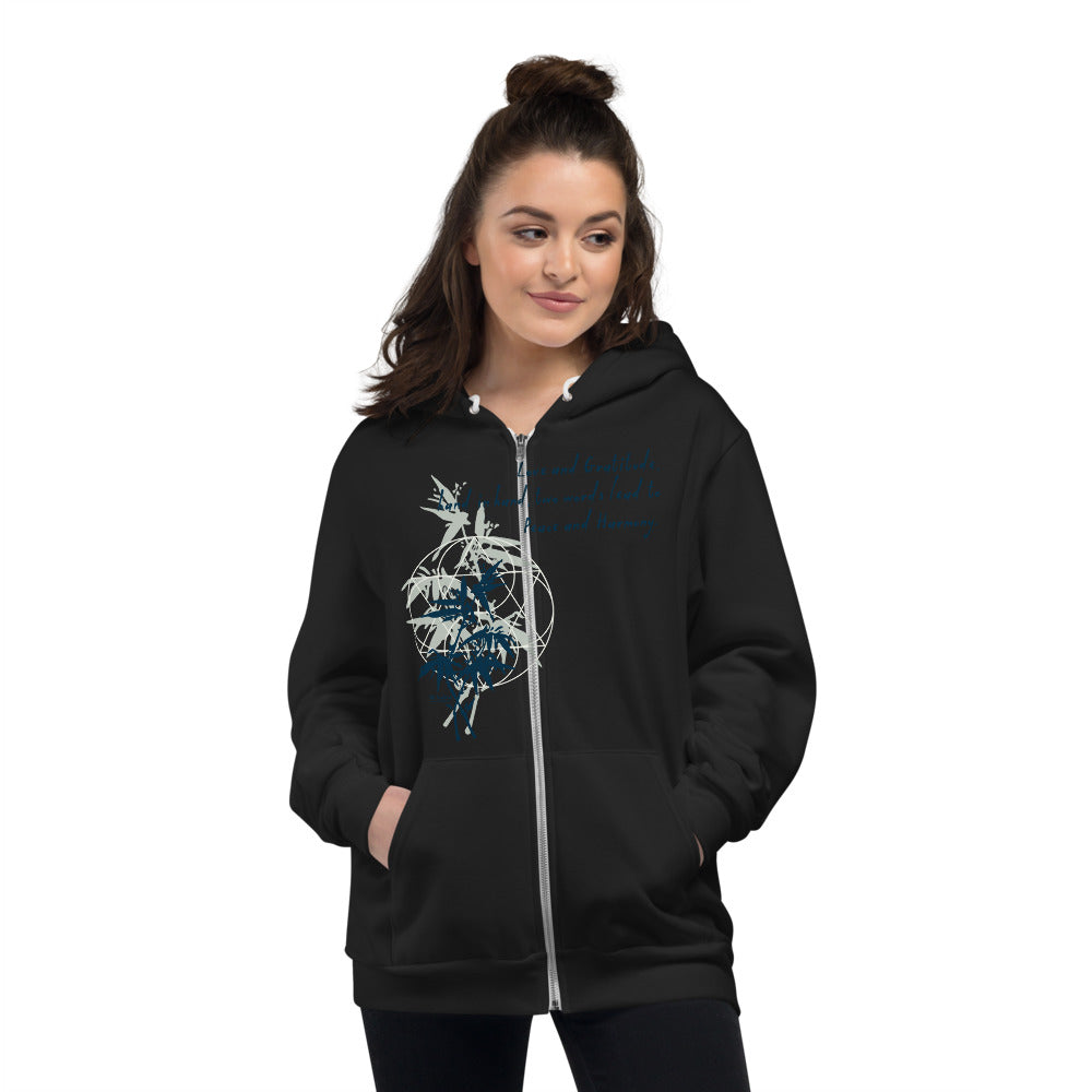 Love Gratitude Peace Harmony Haiku With Bamboo on Unisex Zip Hoodie