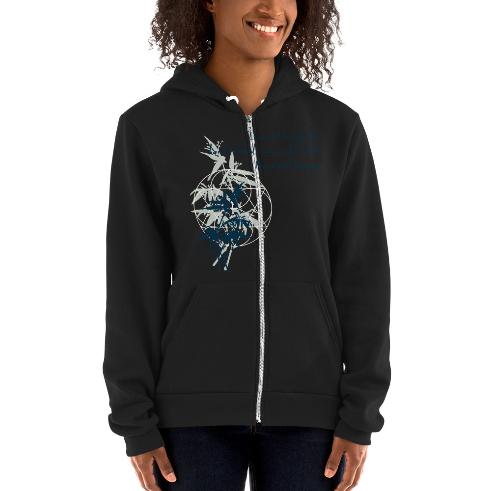 Love Gratitude Peace Harmony Haiku With Bamboo on Unisex Zip Hoodie