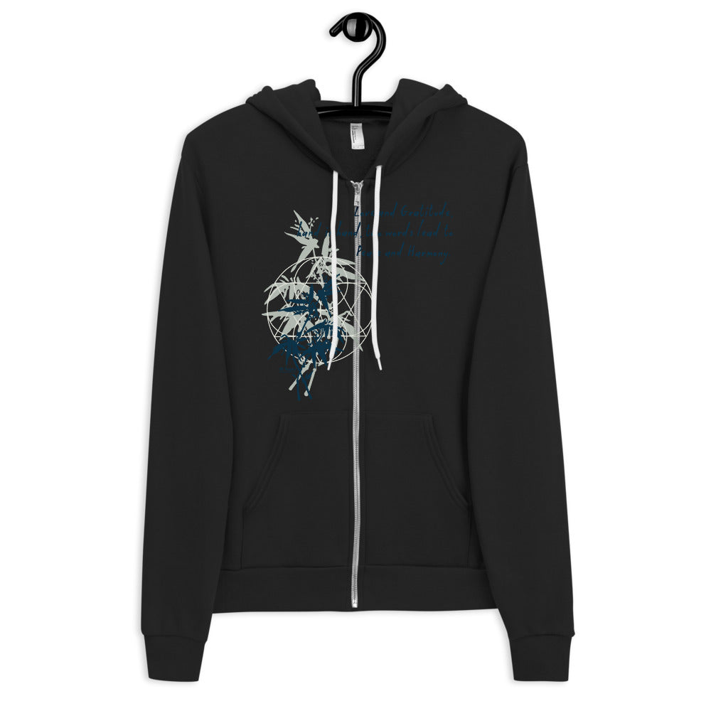 Love Gratitude Peace Harmony Haiku With Bamboo on Unisex Zip Hoodie