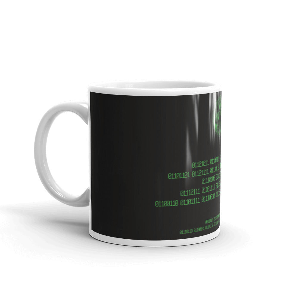 Binary Instructions To Keep Moving The World Forward With Vitruvian Earth In Green on Glossy Ceramic Mug