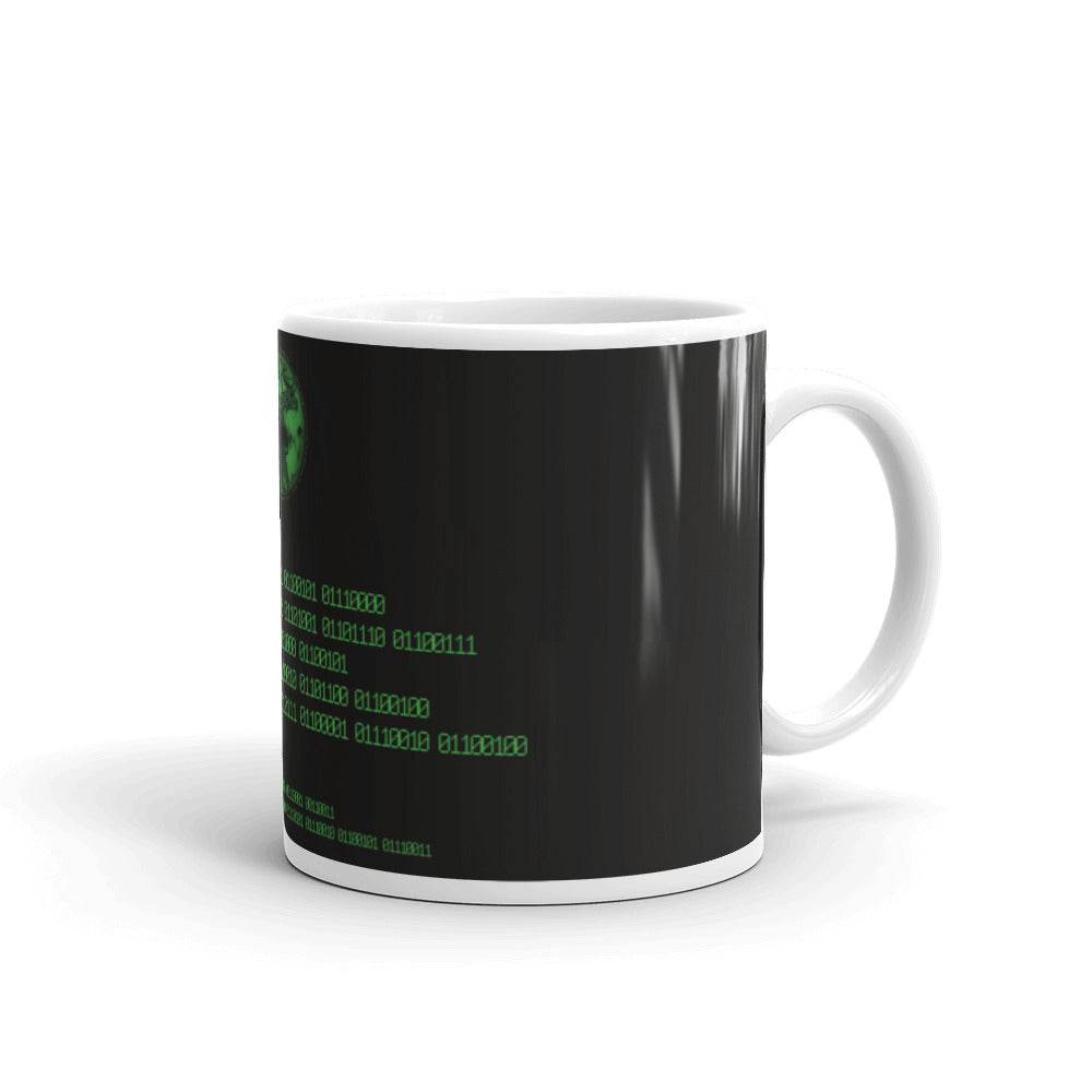 Binary Instructions To Keep Moving The World Forward With Vitruvian Earth In Green on Glossy Ceramic Mug