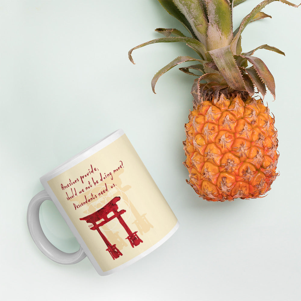 Descendants Need Ancestors Haiku With Pagoda on Glossy Ceramic Mug