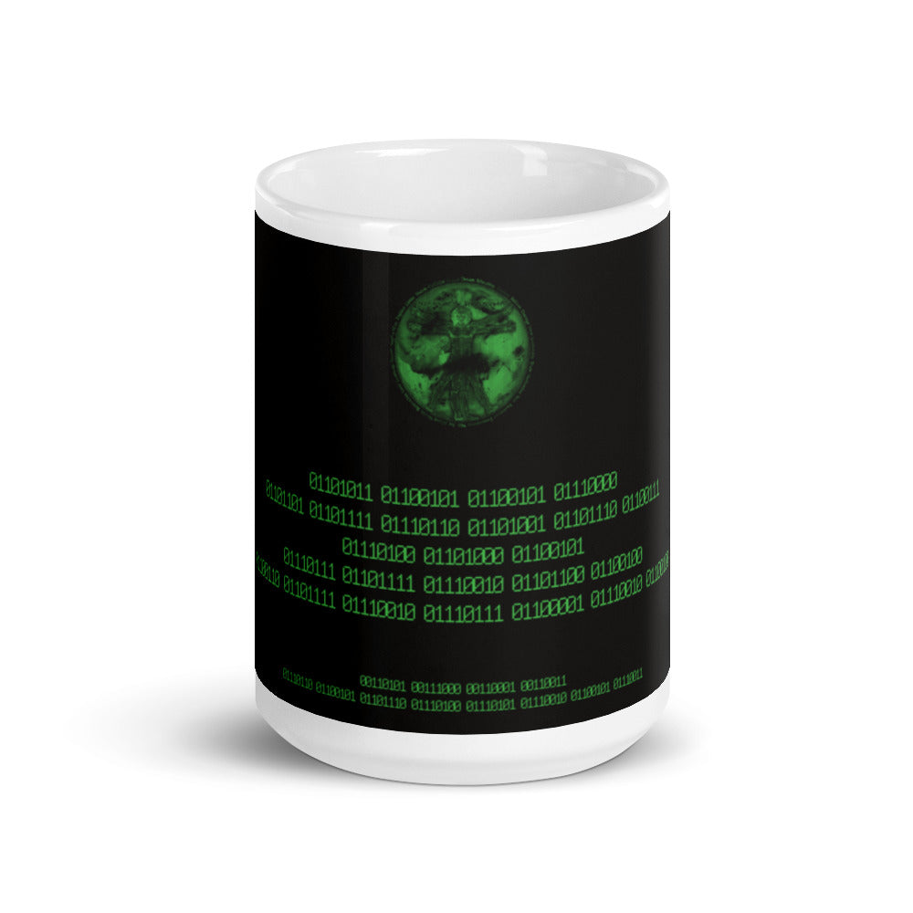 Binary Instructions To Keep Moving The World Forward With Vitruvian Earth In Green on Glossy Ceramic Mug