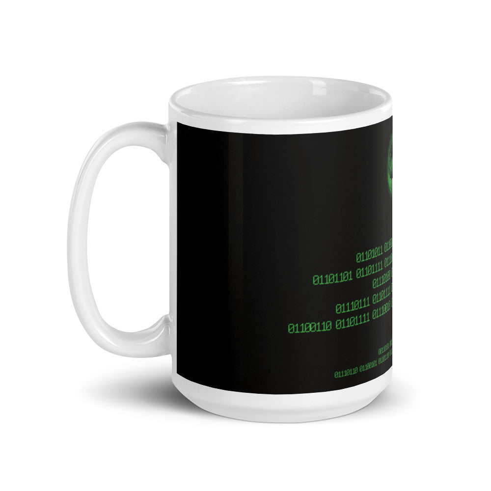 Binary Instructions To Keep Moving The World Forward With Vitruvian Earth In Green on Glossy Ceramic Mug