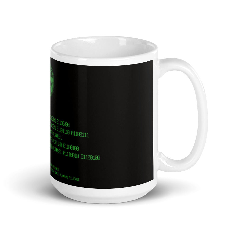 Binary Instructions To Keep Moving The World Forward With Vitruvian Earth In Green on Glossy Ceramic Mug